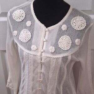 Kikit Off White Dainty Cardigan Sweater With Crochet & Embroidery.   Size L